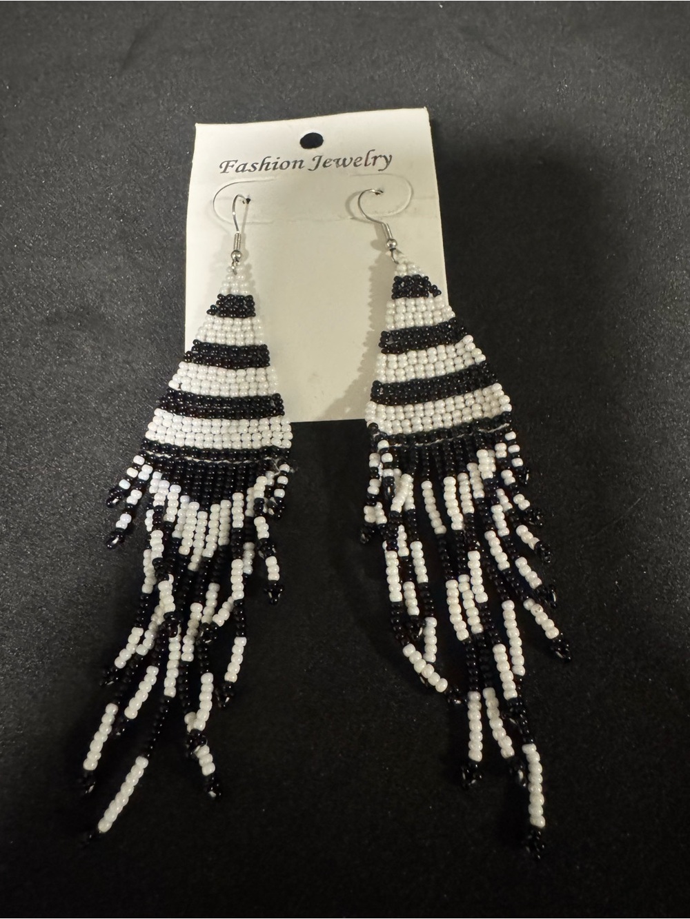 Fashion Jewelry Black and White Striped Beaded Fringe Earrings